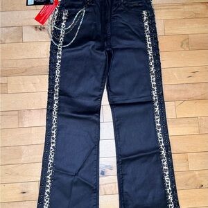 Gunzinii black coated jeans  leopard print Studded side panels Men’s 36